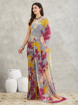 Women's Grey Georgette Abstract Printed Printed Saree with Blouse Piece