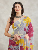 Women's Grey Georgette Abstract Printed Printed Saree with Blouse Piece