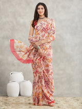 Women's Cream Georgette Floral Printed Printed Saree with Blouse Piece