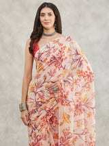 Women's Cream Georgette Floral Printed Printed Saree with Blouse Piece