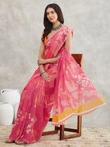 Women's Pink Georgette Geometric Printed Printed Saree with Blouse Piece