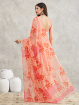 Women's Peach Georgette Floral Printed Printed Saree with Blouse Piece