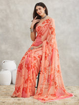 Women's Peach Georgette Floral Printed Printed Saree with Blouse Piece