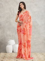 Women's Peach Georgette Floral Printed Printed Saree with Blouse Piece
