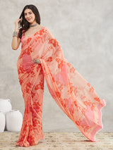 Women's Peach Georgette Floral Printed Printed Saree with Blouse Piece