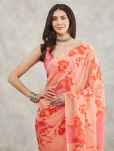 Women's Peach Georgette Floral Printed Printed Saree with Blouse Piece