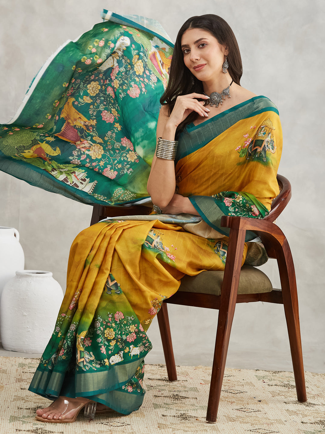Women's Mustard Silk Blend Ethnic Motifs Printed Printed Saree with Blouse Piece
