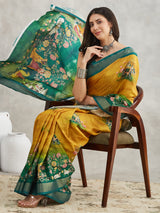 Women's Mustard Silk Blend Ethnic Motifs Printed Printed Saree with Blouse Piece