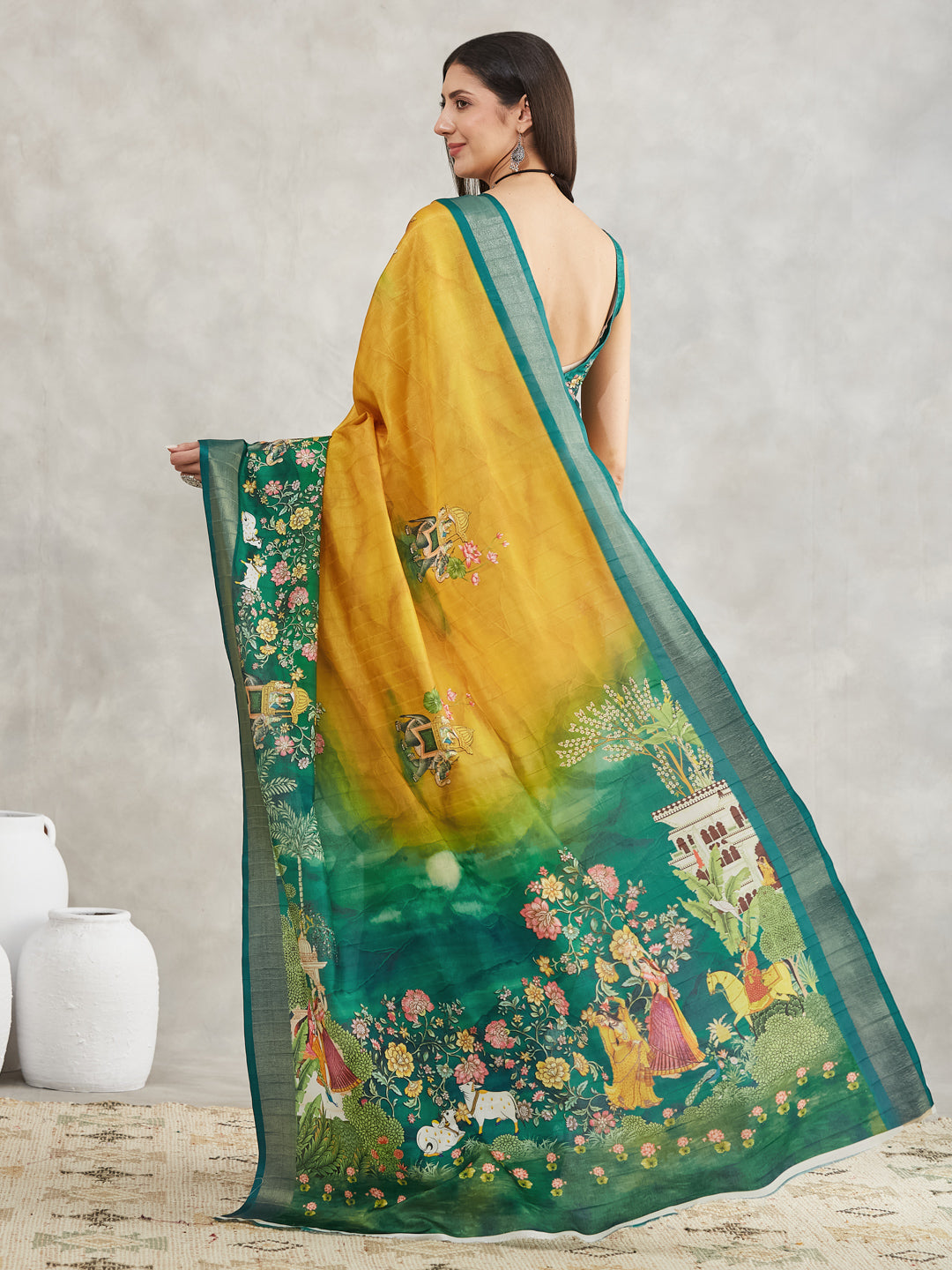 Women's Mustard Silk Blend Ethnic Motifs Printed Printed Saree with Blouse Piece