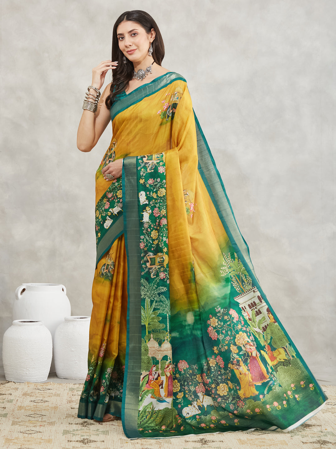 Women's Mustard Silk Blend Ethnic Motifs Printed Printed Saree with Blouse Piece