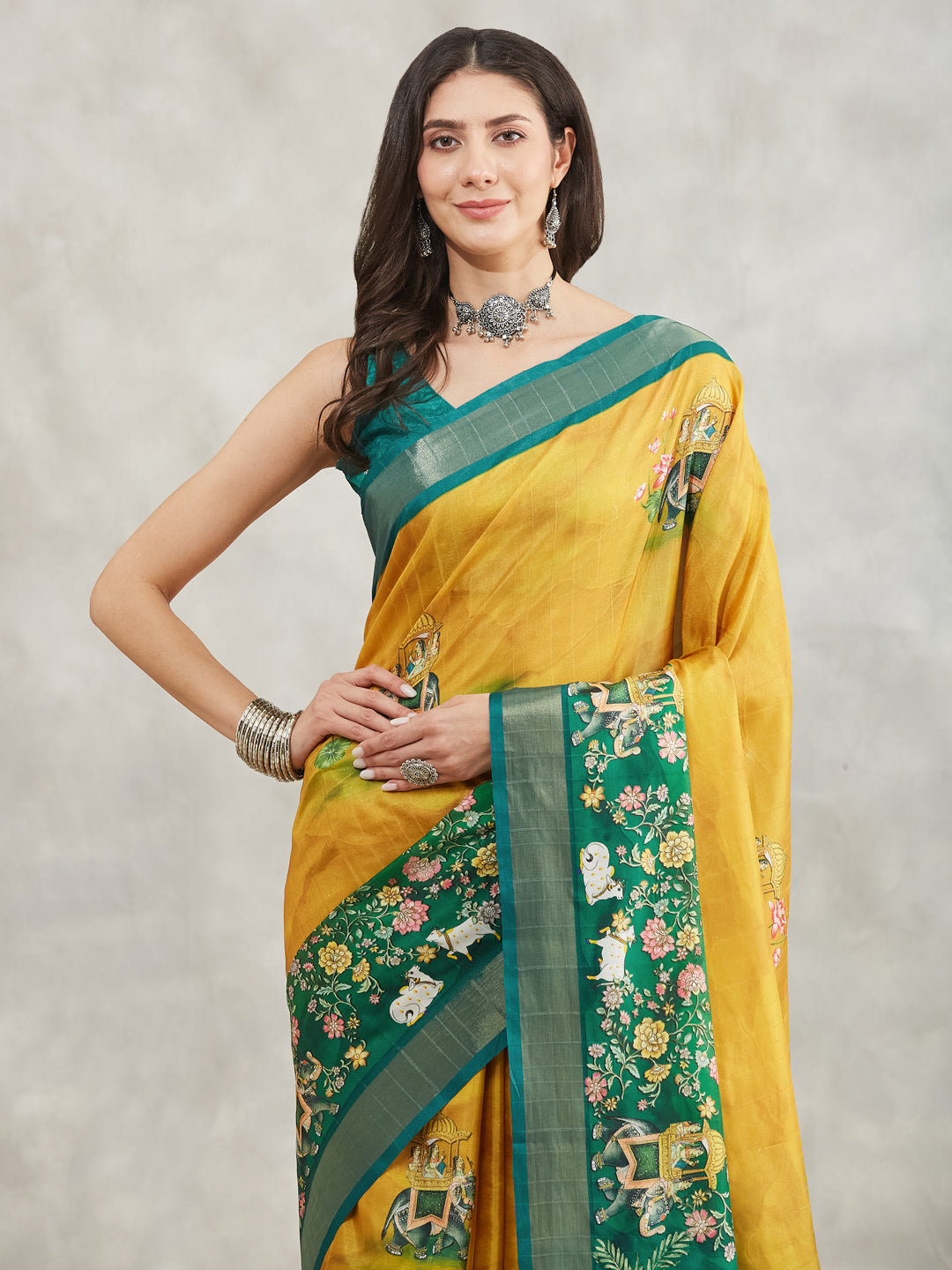 Women's Mustard Silk Blend Ethnic Motifs Printed Printed Saree with Blouse Piece