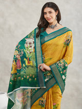 Women's Mustard Silk Blend Ethnic Motifs Printed Printed Saree with Blouse Piece