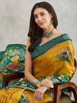 Women's Mustard Silk Blend Ethnic Motifs Printed Printed Saree with Blouse Piece