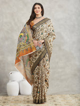 Women's Olive Green Silk Blend Floral Printed Printed Saree with Blouse Piece