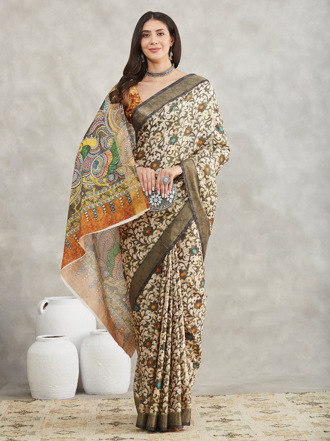 Women's Olive Green Silk Blend Floral Printed Printed Saree with Blouse Piece