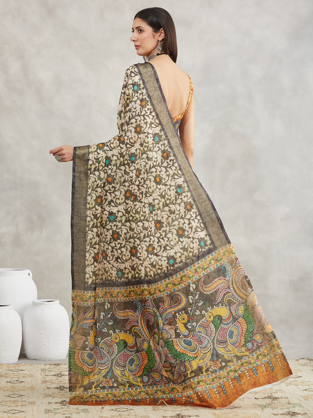 Women's Olive Green Silk Blend Floral Printed Printed Saree with Blouse Piece