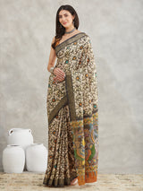 Women's Olive Green Silk Blend Floral Printed Printed Saree with Blouse Piece