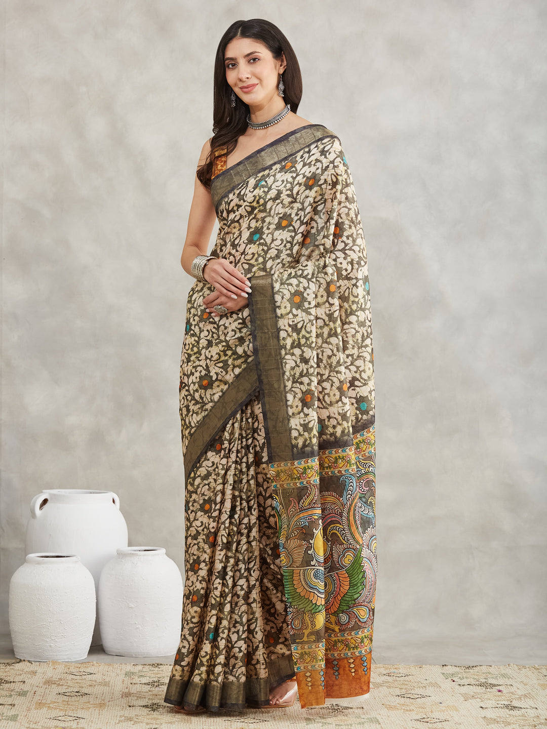 Women's Olive Green Silk Blend Floral Printed Printed Saree with Blouse Piece