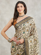 Women's Olive Green Silk Blend Floral Printed Printed Saree with Blouse Piece