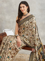 Women's Olive Green Silk Blend Floral Printed Printed Saree with Blouse Piece