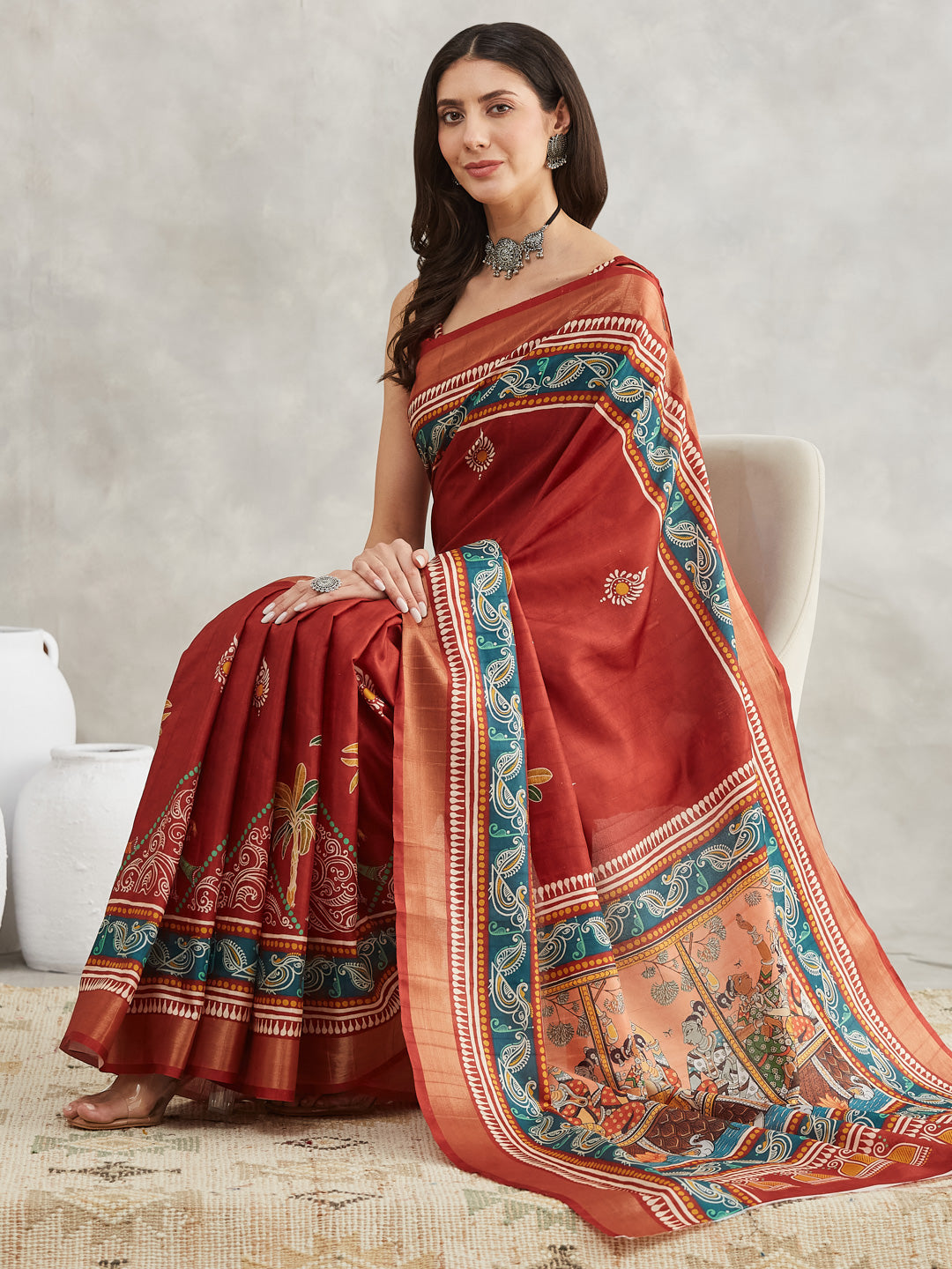 Women's Rust Silk Blend Paisley Printed Printed Saree with Blouse Piece