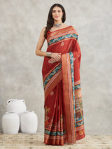 Women's Rust Silk Blend Paisley Printed Printed Saree with Blouse Piece