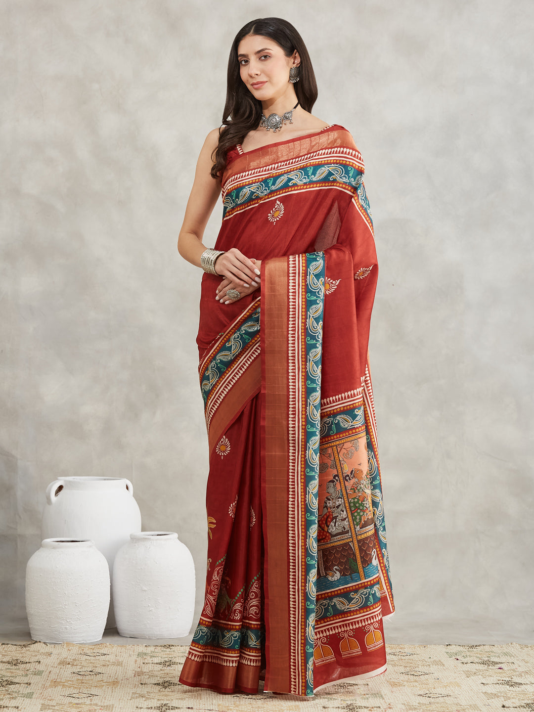 Women's Rust Silk Blend Paisley Printed Printed Saree with Blouse Piece