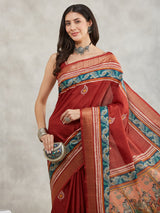 Women's Rust Silk Blend Paisley Printed Printed Saree with Blouse Piece