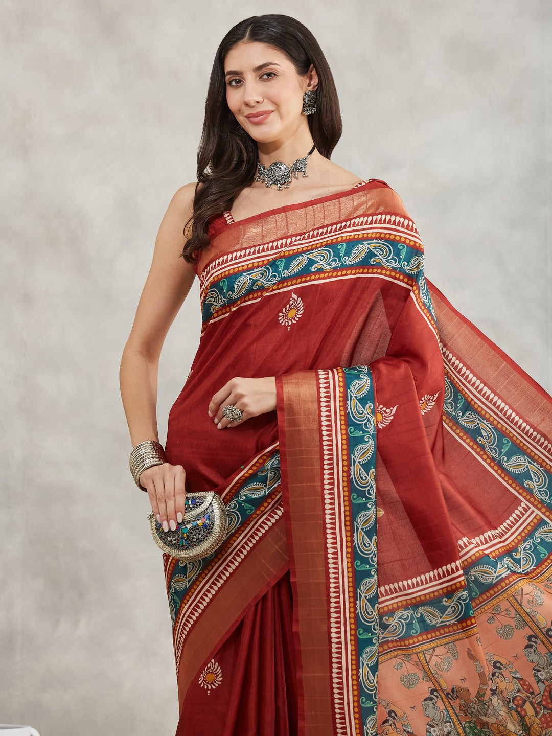 Women's Rust Silk Blend Paisley Printed Printed Saree with Blouse Piece