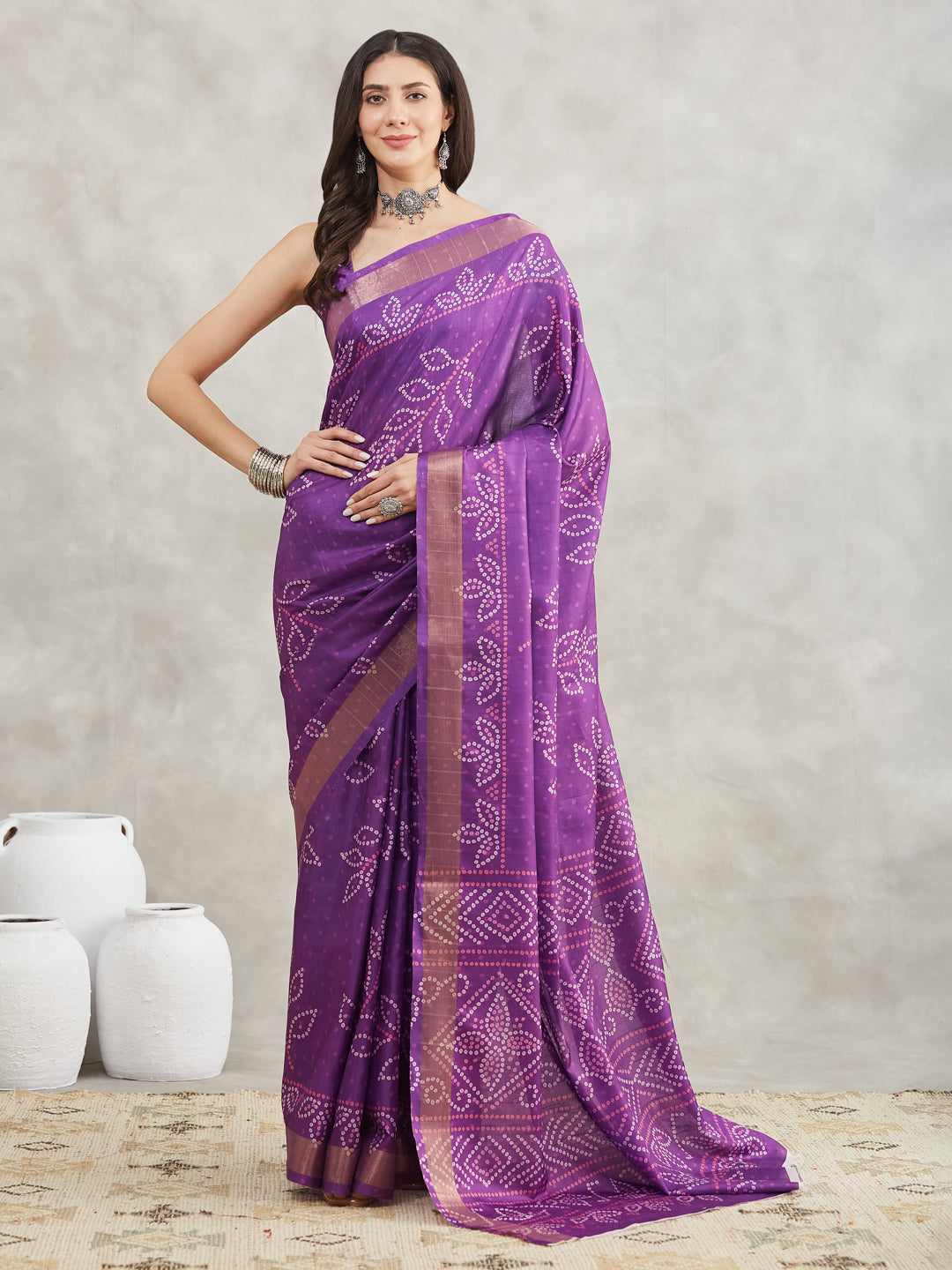 Women's Purple Silk Blend Bandhani Printed Printed Saree with Blouse Piece