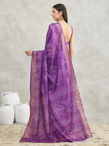 Women's Purple Silk Blend Bandhani Printed Printed Saree with Blouse Piece