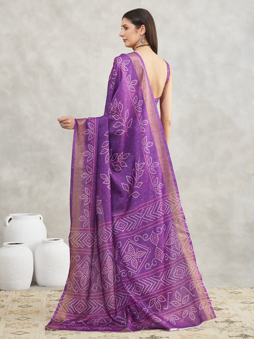 Women's Purple Silk Blend Bandhani Printed Printed Saree with Blouse Piece