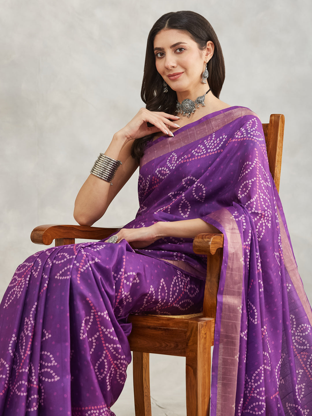Women's Purple Silk Blend Bandhani Printed Printed Saree with Blouse Piece
