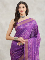 Women's Purple Silk Blend Bandhani Printed Printed Saree with Blouse Piece