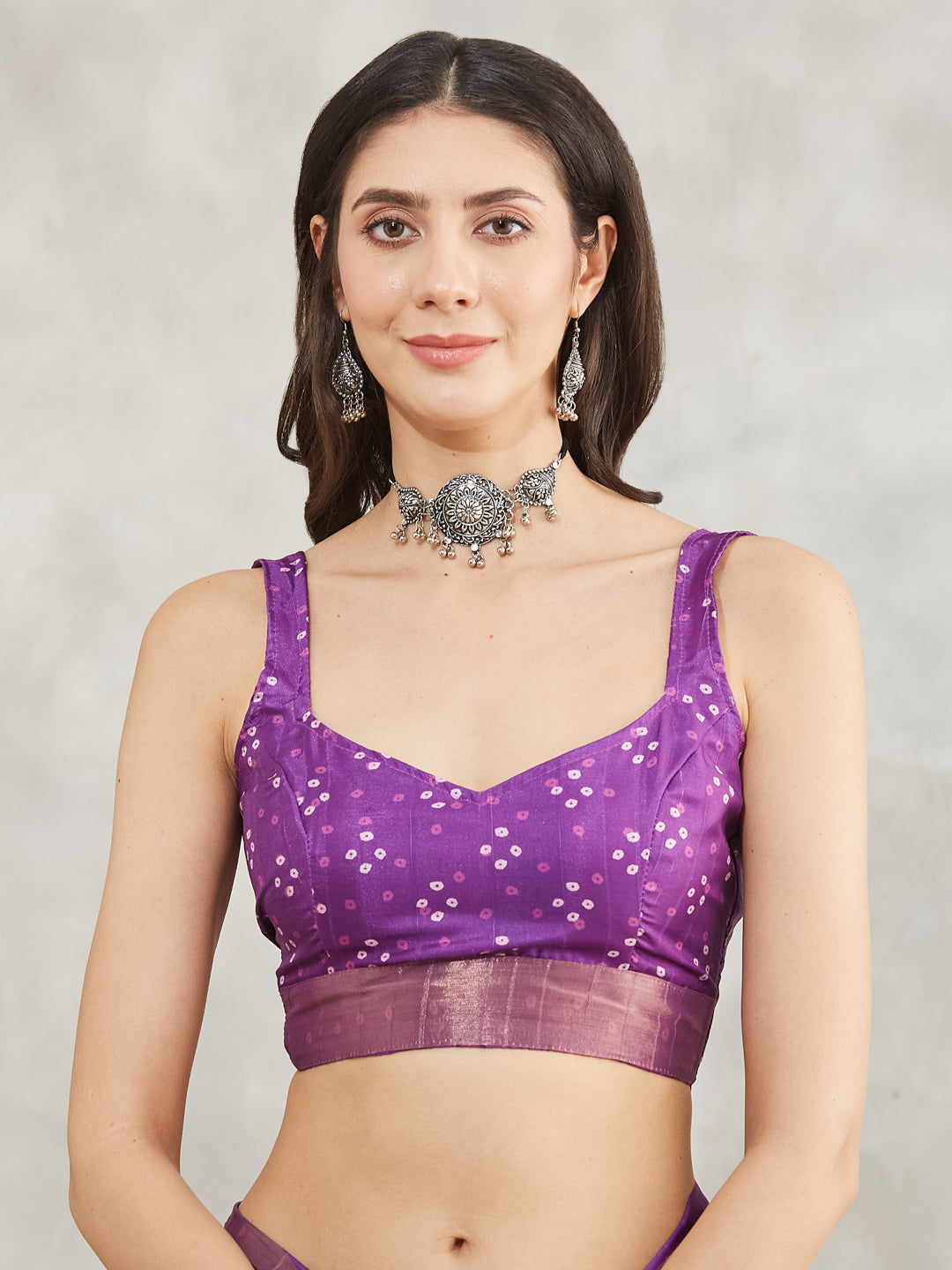 Women's Purple Silk Blend Bandhani Printed Printed Saree with Blouse Piece