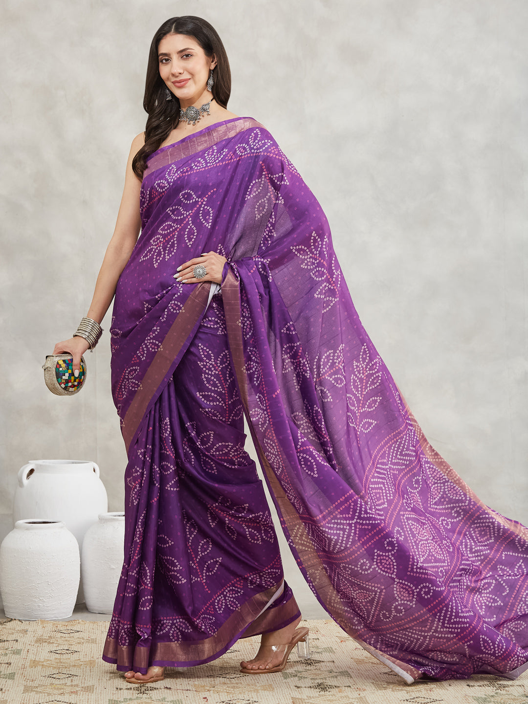 Women's Purple Silk Blend Bandhani Printed Printed Saree with Blouse Piece