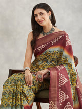 Women's Yellow Silk Blend Ethnic Motifs Printed Printed Saree with Blouse Piece