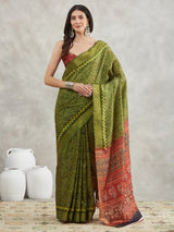Women's Mehndi Green Silk Blend Bandhani Printed Printed Saree with Blouse Piece