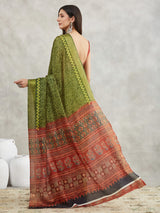 Women's Mehndi Green Silk Blend Bandhani Printed Printed Saree with Blouse Piece