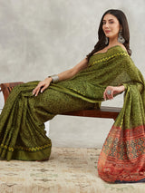 Women's Mehndi Green Silk Blend Bandhani Printed Printed Saree with Blouse Piece
