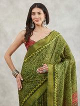 Women's Mehndi Green Silk Blend Bandhani Printed Printed Saree with Blouse Piece
