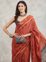 Women's Rust Orange Silk Blend Bandhani Printed Printed Saree with Blouse Piece