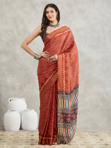 Women's Rust Orange Silk Blend Bandhani Printed Printed Saree with Blouse Piece
