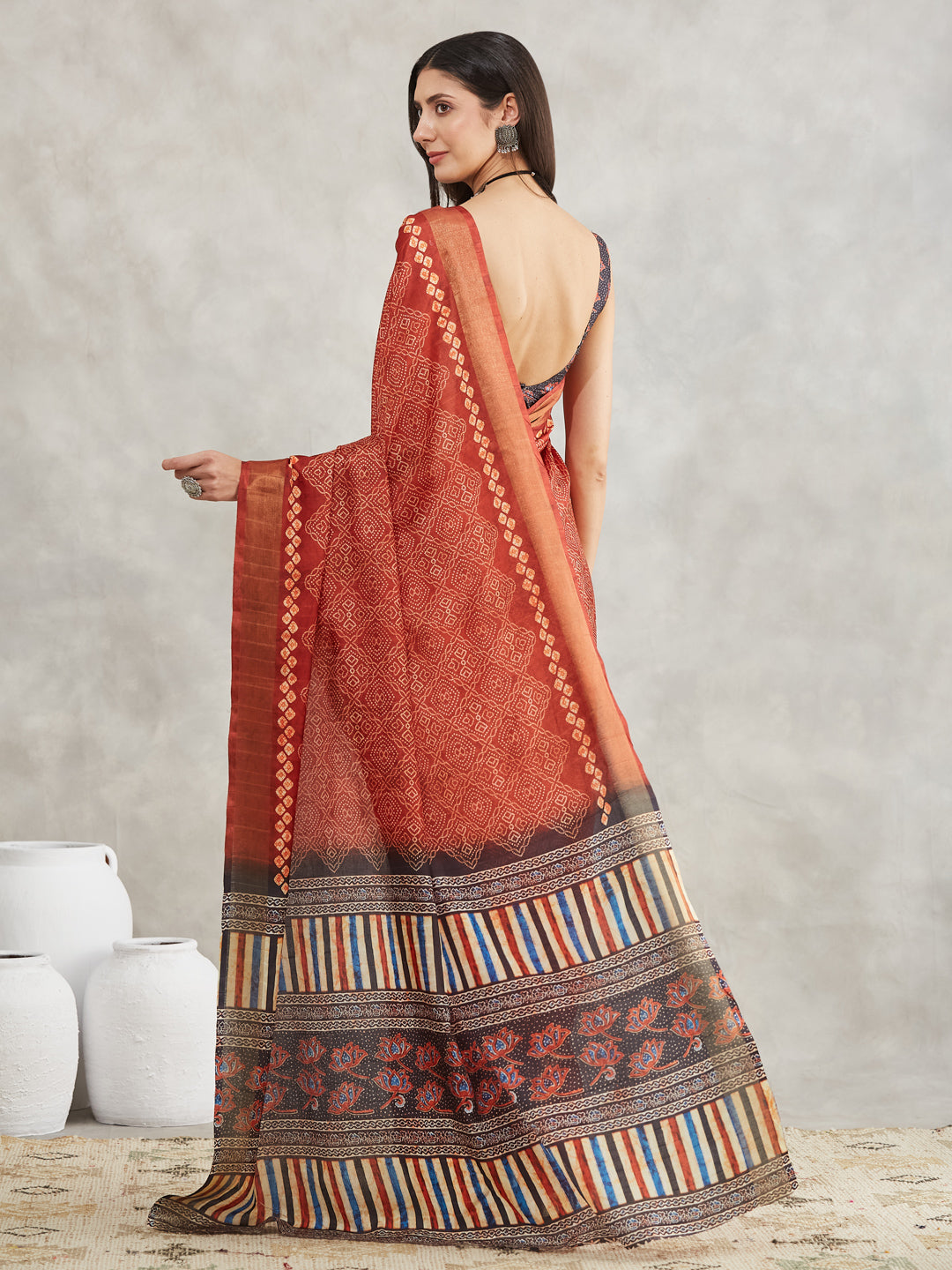 Women's Rust Orange Silk Blend Bandhani Printed Printed Saree with Blouse Piece