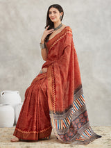 Women's Rust Orange Silk Blend Bandhani Printed Printed Saree with Blouse Piece