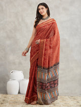 Women's Rust Orange Silk Blend Bandhani Printed Printed Saree with Blouse Piece