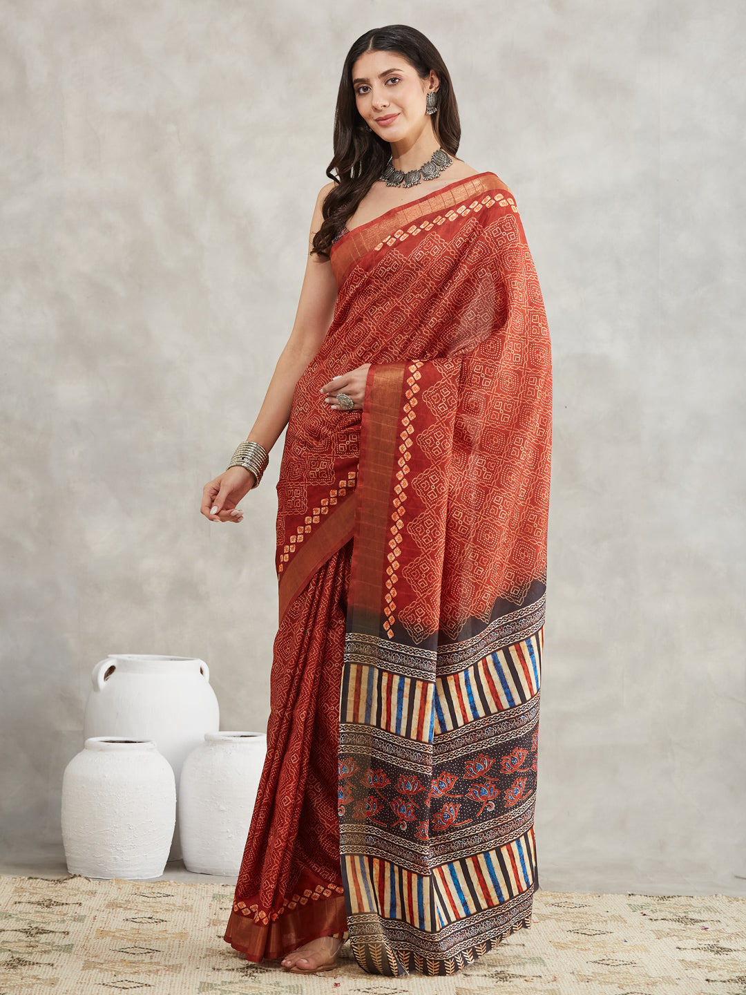 Women's Rust Orange Silk Blend Bandhani Printed Printed Saree with Blouse Piece