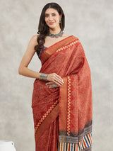 Women's Rust Orange Silk Blend Bandhani Printed Printed Saree with Blouse Piece