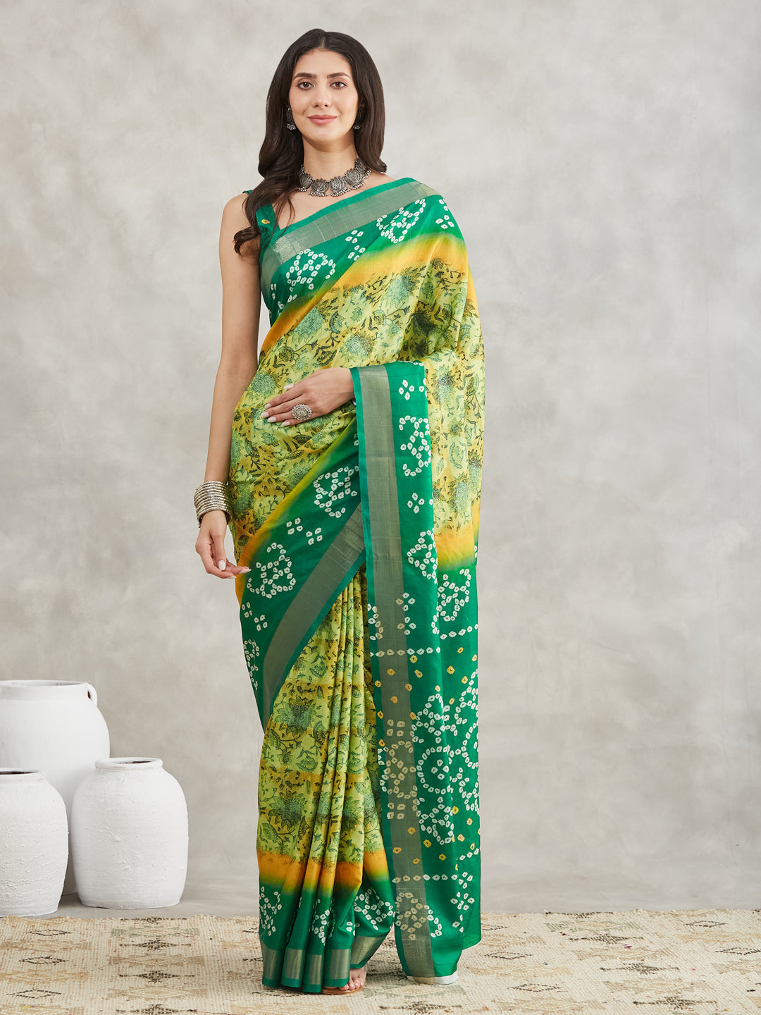 Women's Mustard & Green Silk Blend Bandhani Printed Printed Saree with Blouse Piece