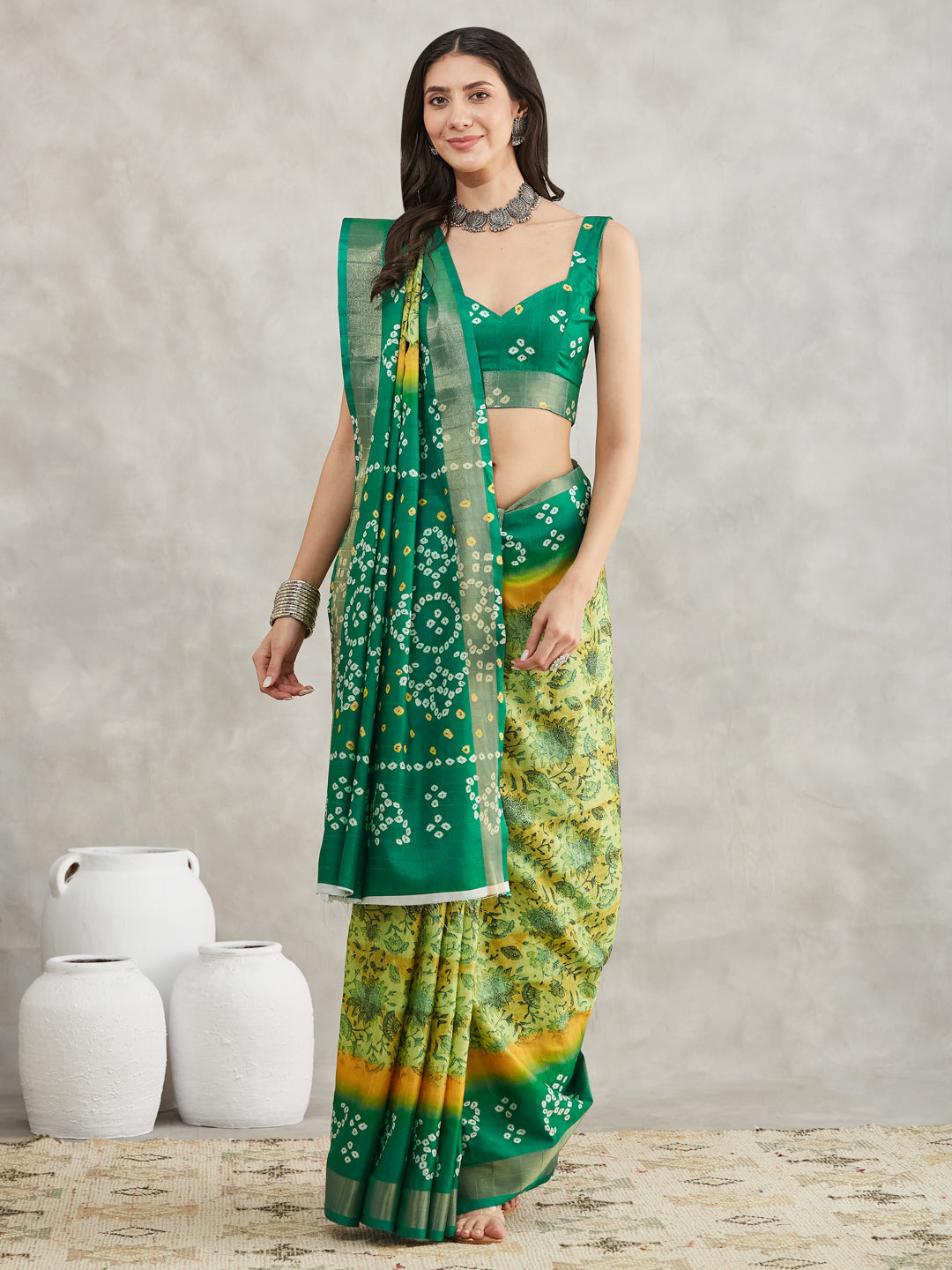 Women's Mustard & Green Silk Blend Bandhani Printed Printed Saree with Blouse Piece